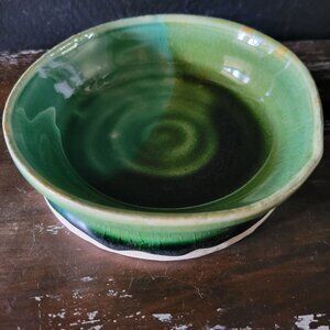 Small Green Glazed Studio Art Pottery Bowl Signed M.J.M.